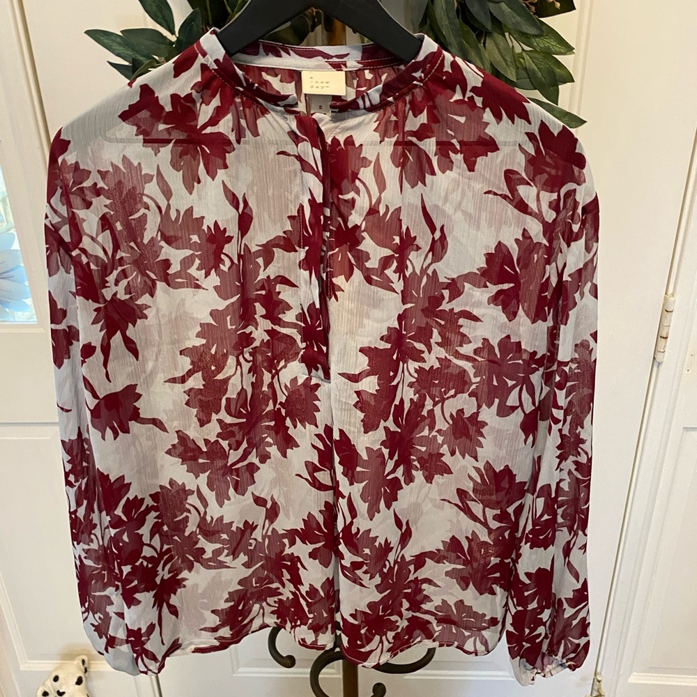 NWT A New Day Sheer Leaf Floral Print Popover Blouse Top LS S